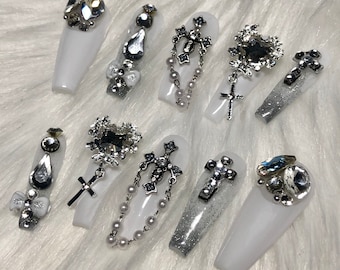 White Emo Goth Press On Nails with Charms Wedding - Prom Graduation 2025
