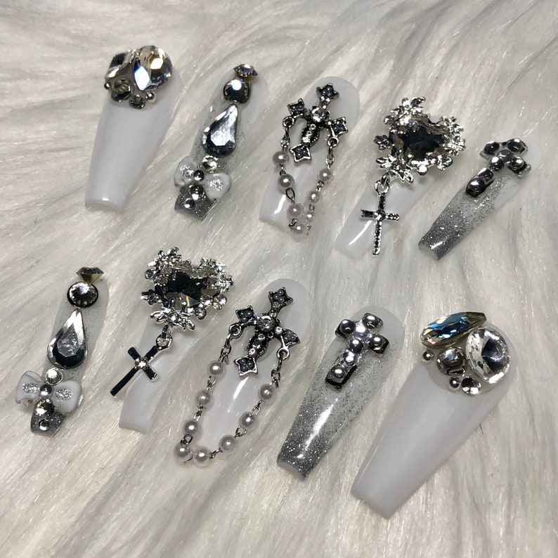 White Emo Goth Press On Nails with Charms Wedding - Halloween Costume 