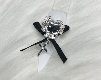 Crystal Heart Goth Nail Charm with Ribbon Bowtie & Cross made from AB Stone and Silver Crystals - Nail Supplies