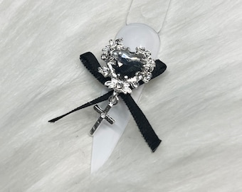 Crystal Heart Goth Nail Charm – Silver Cross & Ribbon Bowtie