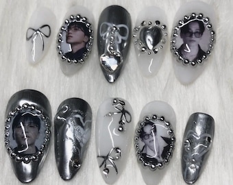 Custom Kpop Press On Nails with Custom Photos: Chrome Silver, Pearls