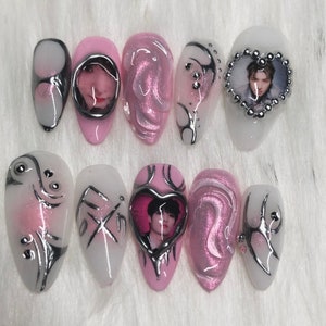 White and Pink Fluorescent Custom KPOP Press On Nails with Silver Chrome & Heart details Kpop Concert Outfit (Mingi Ex Ateez) - Black Friday