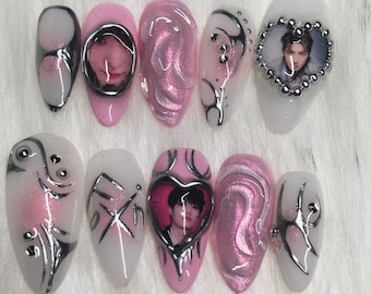 Custom KPOP Press On Nails with Custom Photos: Pink, White, Silver Chrome Heart