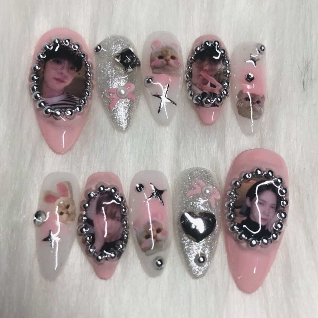 Custom KPOP Press on Nails Pink White Glitter Pearl Girly