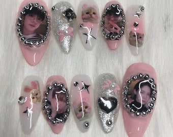 Custom KPOP Press On Nails with Custom Photos: Pink, Glitter, Pearl, Girly Coquette