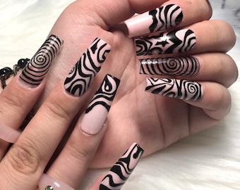 Long Square Pink & Black Swirl Press On Nails - Prom Graduation 2025