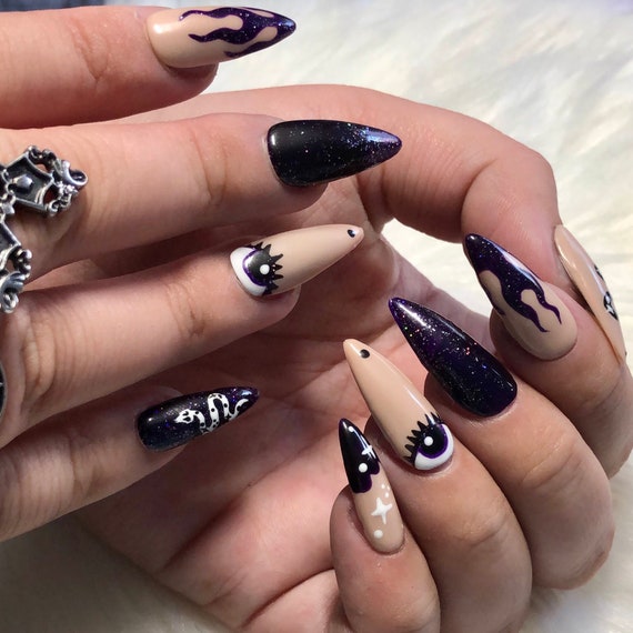 Black Goth Press on Nails With Charms Valentines Day 2024 Gift 