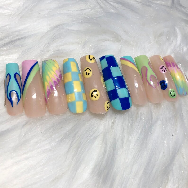 Long Coffin Pastel Pattern Rainbow Press On Nails Prom 2024 Graduation Gift image 3