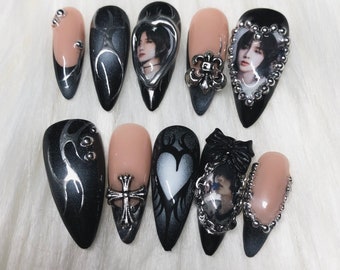 Custom KPOP Press On Nails Emo Goth Nails with Silver Chrome Accents Kpop Concert Outfit Beomgyu TXT Example - Prom 2024 Graduation Gift