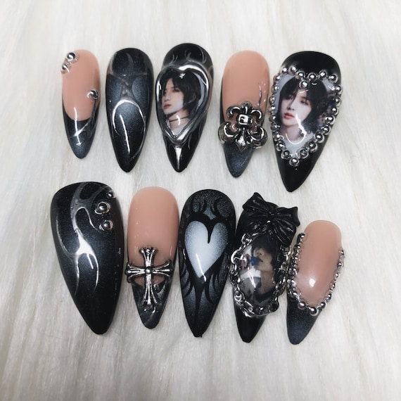 Custom KPOP Press on Nails With Custom Photos: Emo Goth Silver