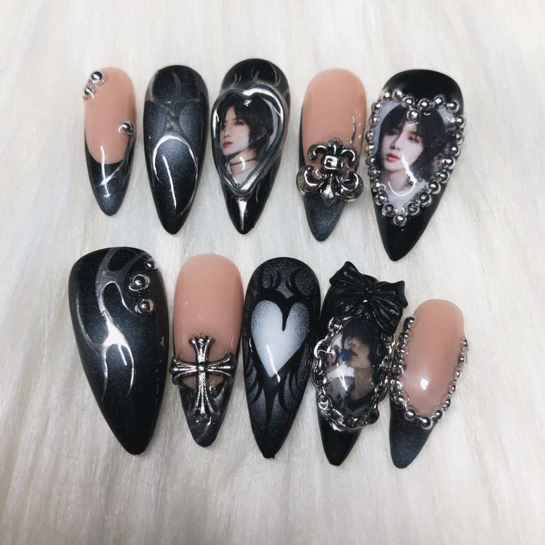 Custom KPOP Press On Nails Emo Goth Nails with Silver Chrome Accents Kpop Concert Outfit Beomgyu TXT Example - Prom Graduation 2025