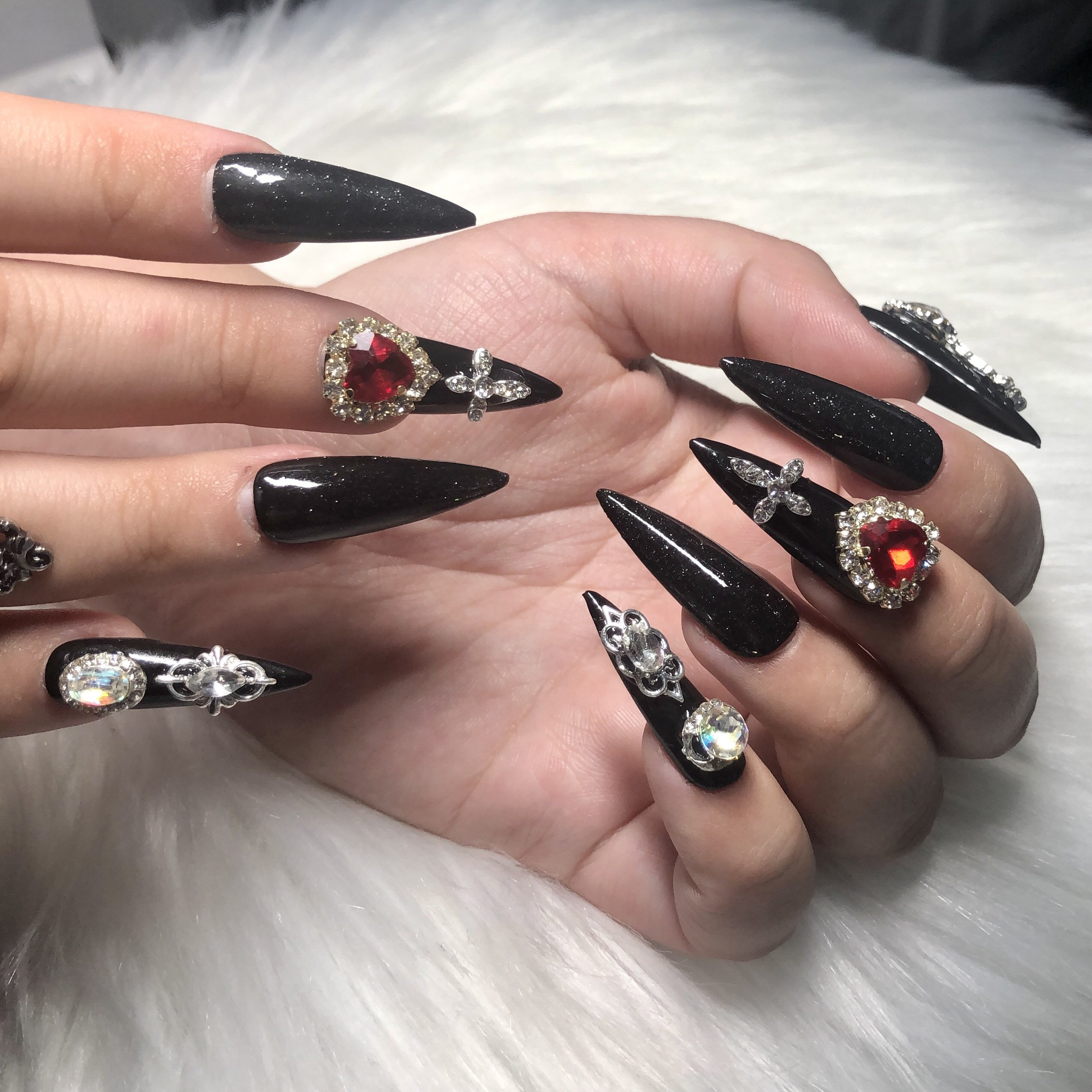 Black Emo/goth Press on Nails With Silver and Red Charms - Etsy