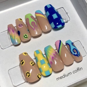 Long Coffin Pastel Pattern Rainbow Press On Nails Prom 2024 Graduation Gift image 5