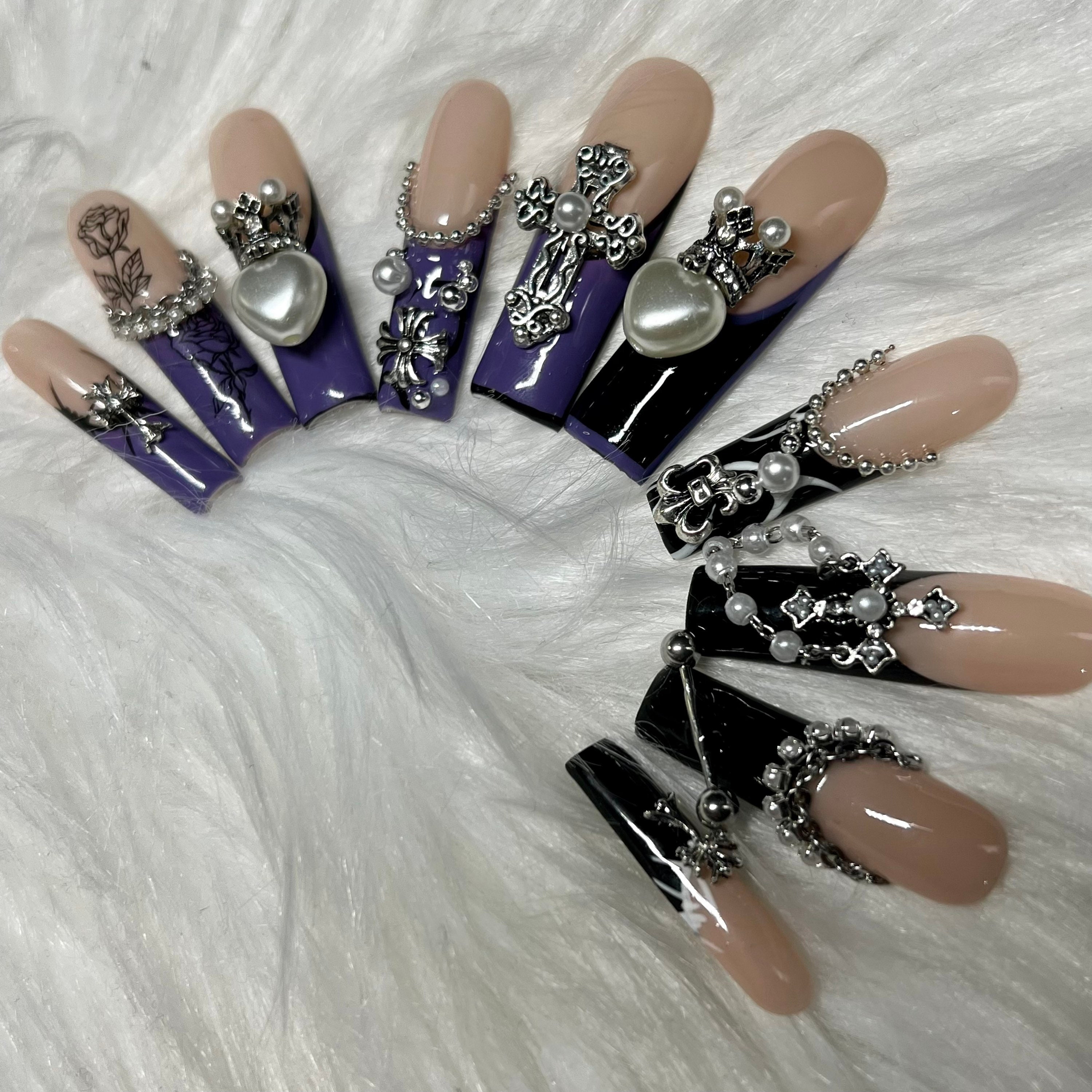 Purple & Black Goth Emo Press on Nails With Charms and - Etsy
