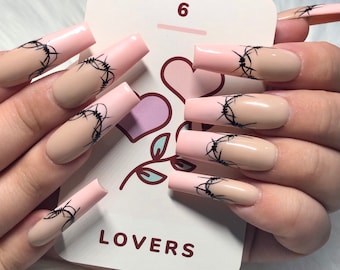 Long Square Pink Barbed Wire French Tip Long Goth/Emo Valentines Day Press On Nails - Prom Graduation 2025