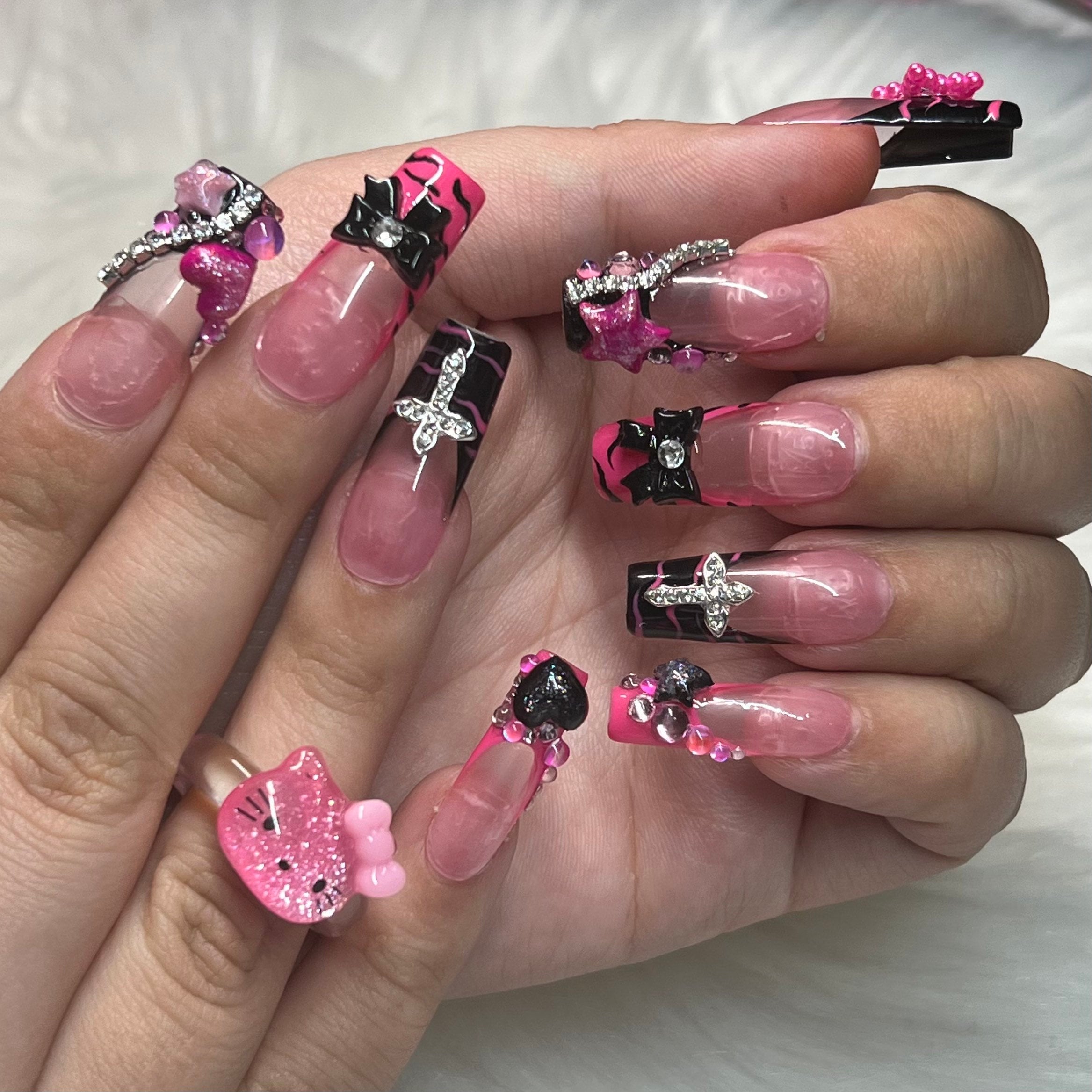 VEBONNY Press On Nails – Neon Pink Mit Zebra-Streifen | Wiederverwendbare Fake Nails Zum Selbermachen