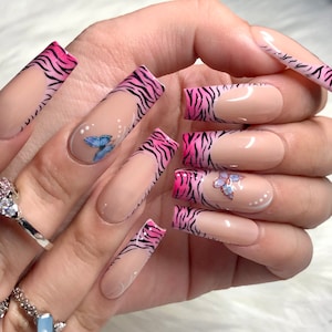 Pink Ombre Zebra Print French Tip Nails with Glitter and Blue Butterflies Butterfly Y2K 2000s Fashion - Prom Graduation 2025