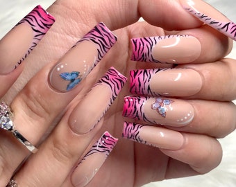 Pink Ombre Zebra Print French Tip Nails with Glitter and Blue Butterflies Butterfly Y2K 2000s Fashion - Prom 2024 Graduation Gift