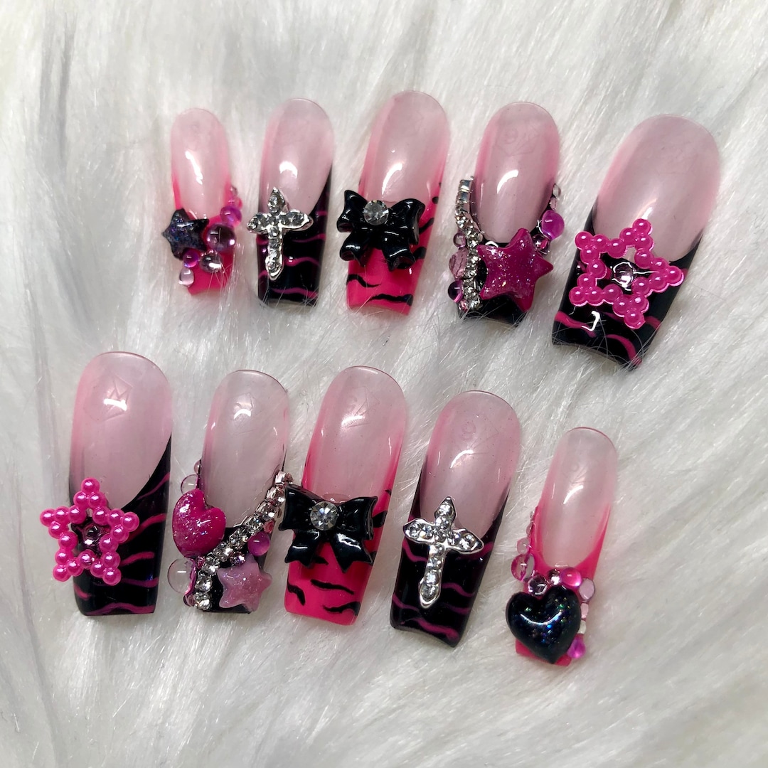 Hot Pink & Black Emo/y2k French Tip Press on Nails With Charms and Zebra  Stripes Valentines Day 2024 Gift 