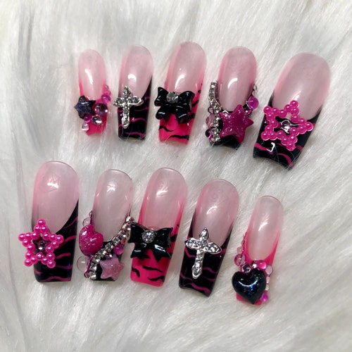 Hot Pink & Black Emo/y2k French Tip Press on Nails With Charms - Etsy Hot Pink & Black Emo/y2k French Tip Press on Nails With Charms - Etsy
