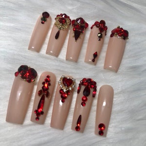 Nude With Red Crystals and Gold Accents Press On Nails Prom 2024 Graduation Gift image 4