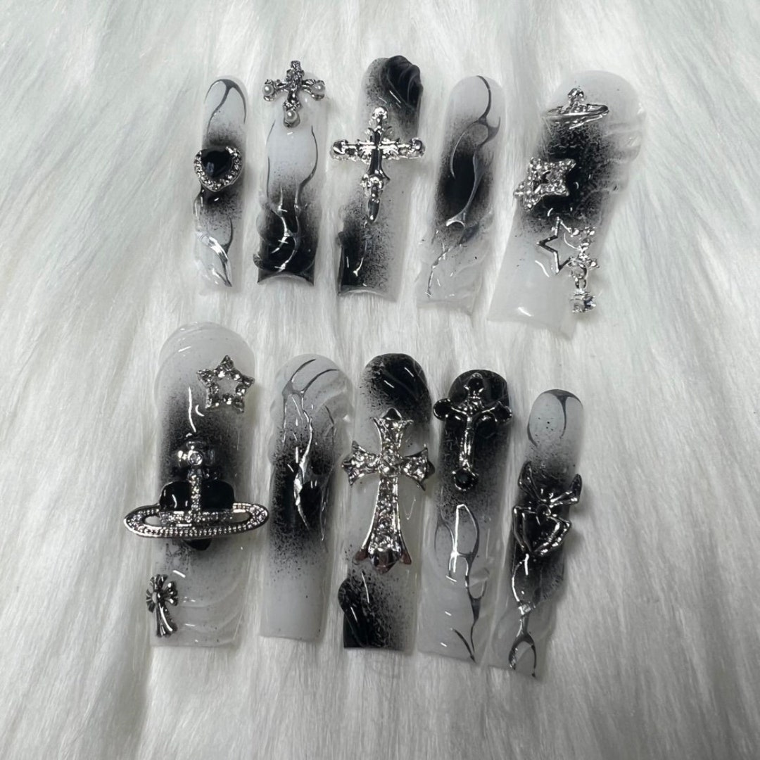 Handmade Y2K Press on Nails, Emo Goth Silver Chrome Crosses - Etsy