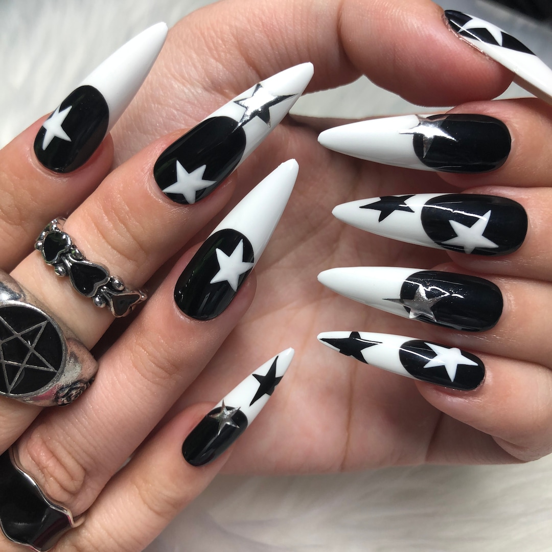 Star Black & White French Tip Nails With Silver Chrome Details Emo Goth