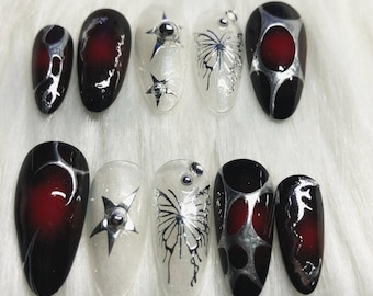 Handmade Goth Emo Press On Nails: Red Ombre Chrome Swirls