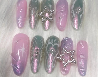 Iridescent Fairy Press On Nails: Pink Ombre, White Stars