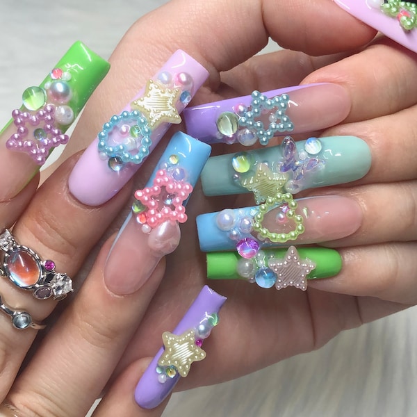 Kawaii Pastel Rainbow French Tip Junk Press On Nails with Charms and Pearls - Prom 2024 Graduation Gift