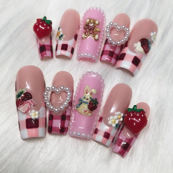 Red, Pastel Pink and White Coquette Plaid Tartan French Tip Press on Nails  With Strawberry and Pearl Accents Valentines Day 2024 Gift 