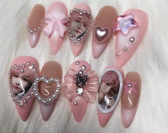Custom KPOP Press On Nails Pink & White Pearl Girly Coquette Nails Kpop Concert Outfit Seonghwa Ateez Example - Prom Graduation 2025