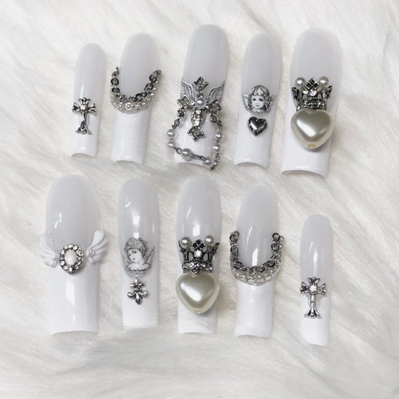 Long Square White Angel Wing Goth Emo Press on Nails With - Etsy