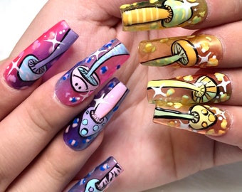 Long Square Hand Painted Mushroom Jelly Rainbow Press On Nails - Prom Graduation 2025