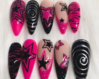 Y2K Hot Pink Press On Nails, Zebra Star Charms, Handmade