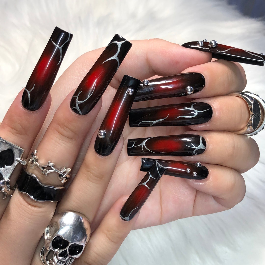 Black and Red Gradient Ombre Goth Emo Press on Nails With Silver Chrome