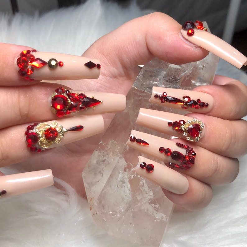 Nude With Red Crystals and Gold Accents Press On Nails Prom 2024 Graduation Gift image 1