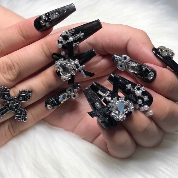 Black Goth Press on Nails With Charms Valentines Day 2024 Gift -  Hong  Kong