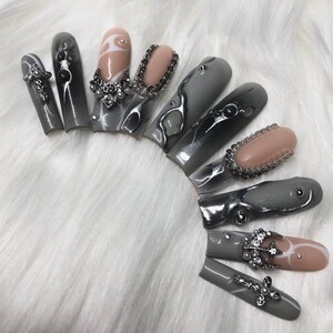 Silver Grey & Black Ombre French Tip Goth Emo Press on Nails With ...