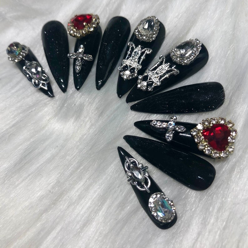 Black Emo/Goth Press On Nails with Silver and Red Charms - Halloween Costume Vampire 