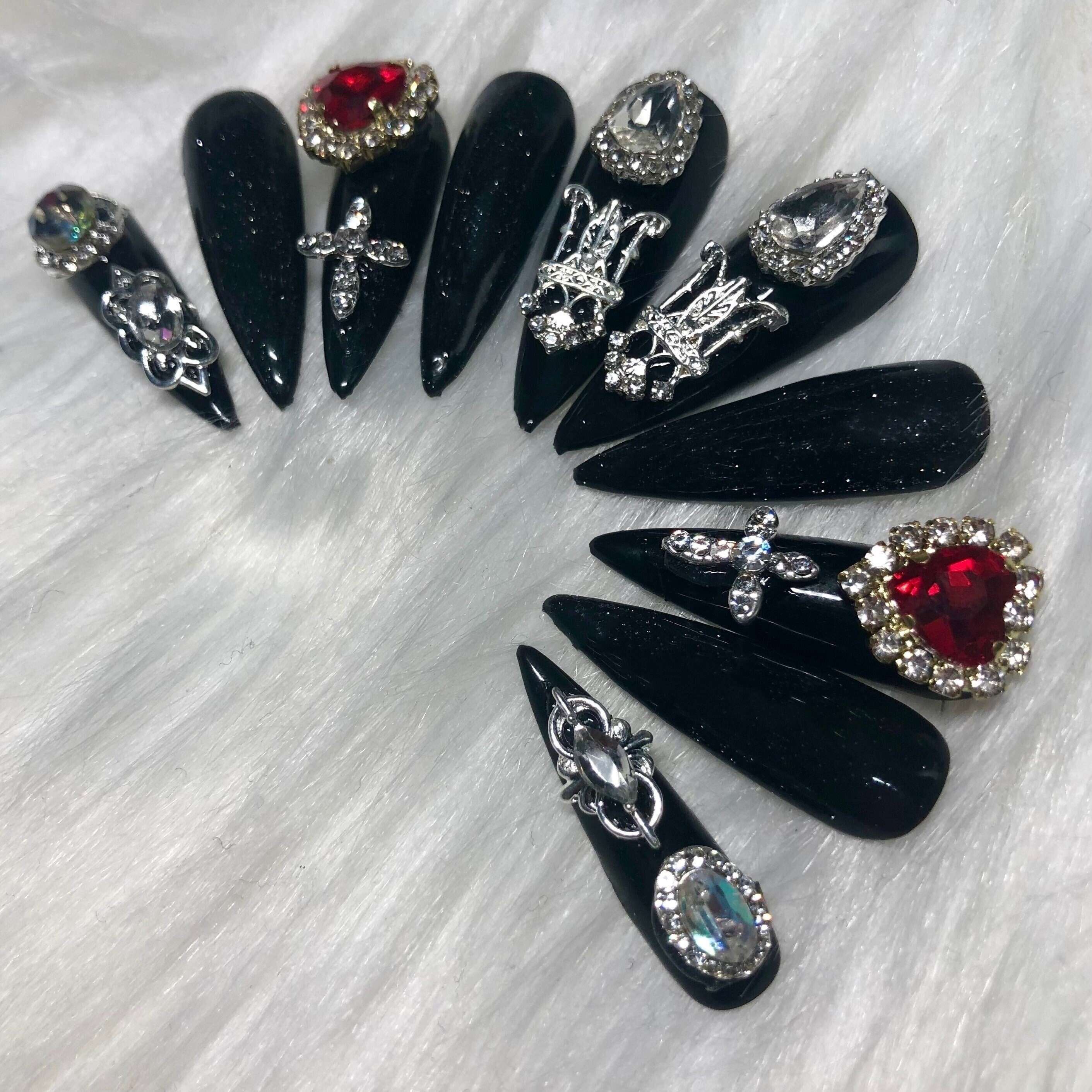Black Emo/goth Press on Nails With Silver and Red Charms - Etsy Black Emo/goth Press on Nails With Silver and Red Charms - Etsy