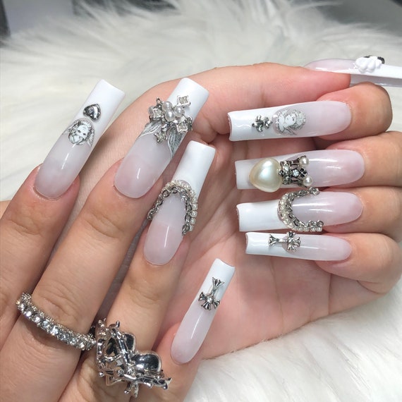Pink Nude Coquette White French Tip Press on Nails With Angel Cherub in the  Clouds Renaissance & Gold Accents Valentines Day 2024 Gift 