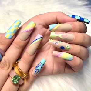 Long Coffin Pastel Pattern Rainbow Press On Nails Prom 2024 Graduation Gift image 1