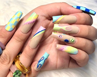 Long Coffin Pastel Pattern Rainbow Press On Nails - Prom Graduation 2025