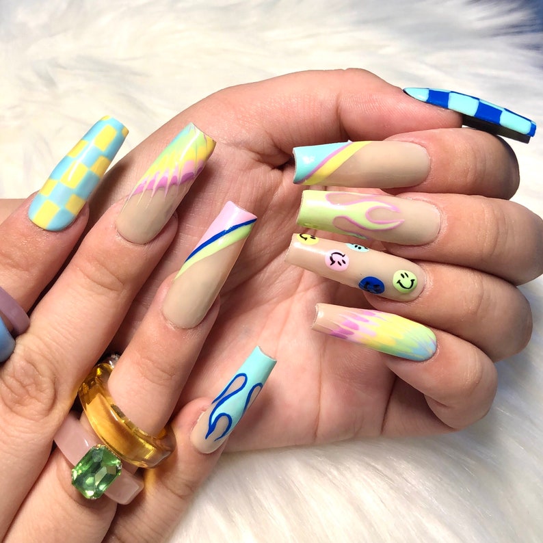 Long Coffin Pastel Pattern Rainbow Press On Nails Prom 2024 Graduation Gift image 1