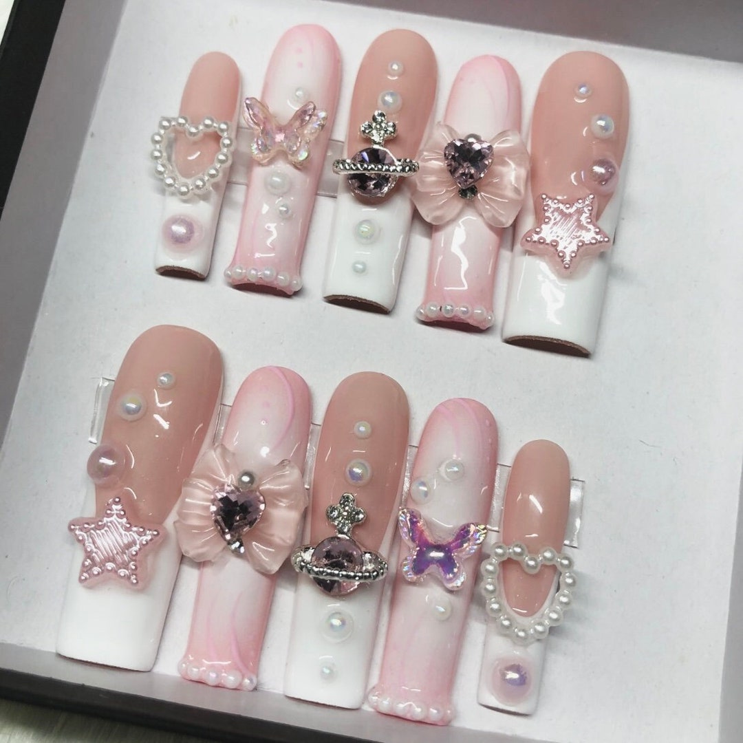 Pastel Pink and White French Tip Ombre Press on Nails With Gradient and ...