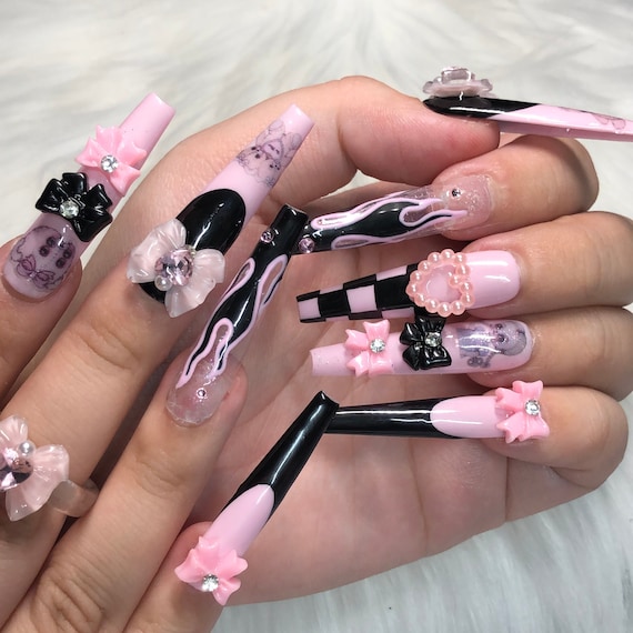 Long Coffin Pink & Black Goth Emo Press on Nails With Charms and Bows  Valentines Day 2024 Gift 