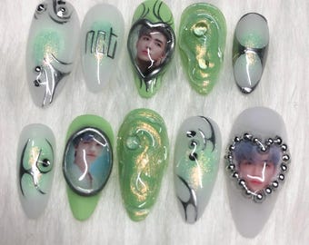 Custom KPOP Press On Nails with Custom Photos: White, Green, and Silver Chrome