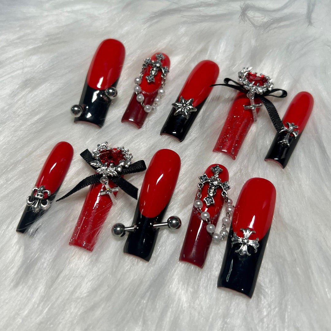 Red & Black Long Squared Goth Emo Press on Nails With Charms - Etsy