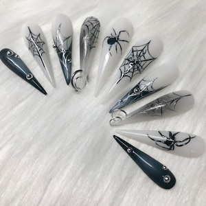 White & Black Emo/goth Airbrush Spider French Tip Press on - Etsy